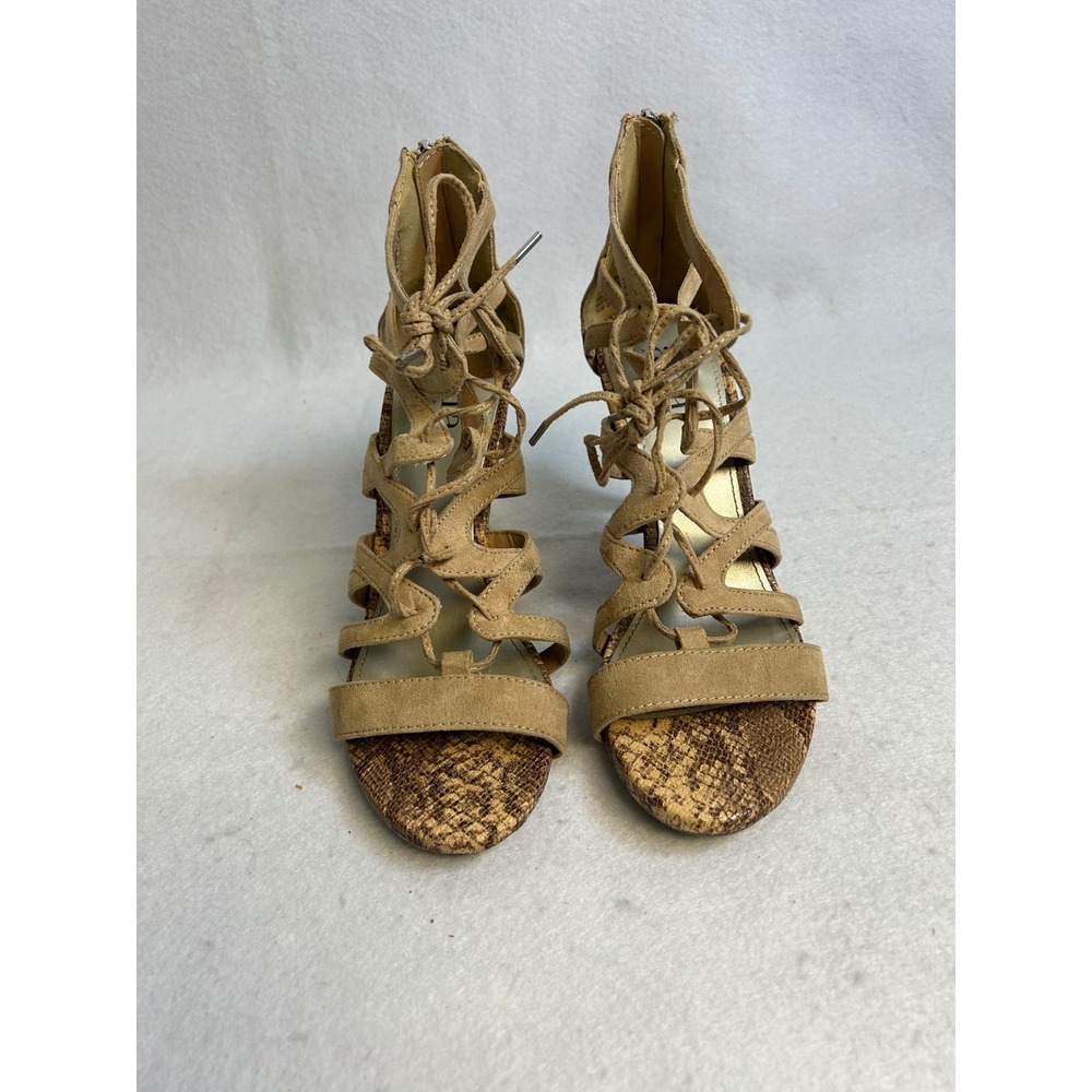 Boho Chic a.n.a Women 7.5M Tan Strappy Snakeskin Gladiator Lace Up Stiletto Heel - Picture 5 of 9